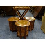 MODERN EASTERN HARDWOOD BUTLER'S TRAY & STAND and three circular top folding side tables with copper