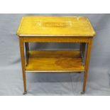 EDWARDIAN INLAID MAHOGANY TWO-TIER SIDE TABLE, 72cms H, 70cms W, 47cms depth (some restoration