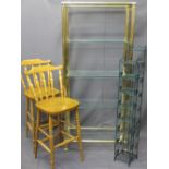 GILT METAL & GLASS FIVE SHELF DISPLAY STAND, two modern pine bar chairs and a wirework display rack,