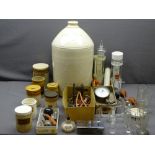 CHEMIST SHOP STONEWARE JARS, mini lab gauges, bunsen burners, glass files, containers and measures