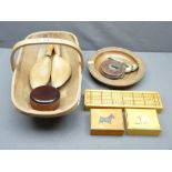 TREENWARE - including cribbage board, trinket boxes and vintage tapes ETC