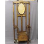 VINTAGE OAK MIRRORED HALL STAND with lidded box seat centre, 187cms H, 74.5cms W, 32cms D