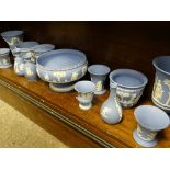 WEDGWOOD BLUE JASPERWARE including a 20cms D pedestal fruit bowl and 12 various style vases