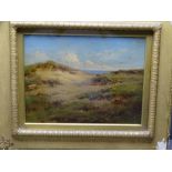 EDITH BULLOCK oil on board - coastal dunes scene with hovering gulls, signed, 29 x 39cms