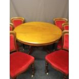 VICTORIAN MAHOGANY TILT DINING TABLE and set of six upholstered and mahogany chairs, 73cms H, 121cms