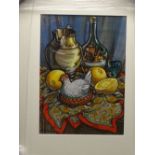 MOSS WILLIAMS watercolour - richly coloured still life study of fruit vessels and a pottery hen on