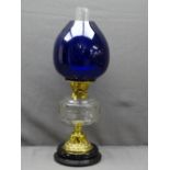 BRASS & MIXED GLASS VICTORIAN OIL LAMP with black pot base, cut clear glass font and modern heavy