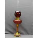 CIRCA 1900 OIL LAMP with brass and pink marble base, etched pattern cranberry font and modern ruby