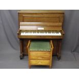 COMPACT FORREST & SON SHREWSBURY oak cased upright piano with box seat music sheet stool, 102cms