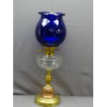 VICTORIAN OIL LAMP with brass and copper column base, cut glass font and reproduction Bristol blue