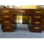 GIBBARD CRAFTSMAN SOLID MAHOGANY REPRODUCTION CAMPAIGN STYLE PEDESTAL DESK with brass corner banding