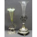 SILVER PLATED SPILL HOLDERS - antique with etched and vaseline glass flutes