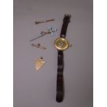 14K STAMPED WATCH, 9ct gold shield fob, Turquoise set gilt metal propelling pencil and sleeved stick