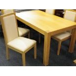 ULTRA MODERN LIGHT OAK DINING TABLE & FOUR CHAIRS having brown leather effect seat pads, 74.5cms