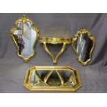 THREE GILT FRAMED WALL MIRRORS with a single drawer wall mount hall table, various measurements