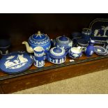 WEDGWOOD & OTHER COBALT BLUE JASPERWARE, ornaments and tableware, 19 pieces (some AF)