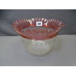 FRILLY EDGE WITH CRANBERRY TRAIL VINTAGE OIL LAMP SHADE, 12cms H, 21cms D with etched and wheel