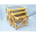 MODERN BAMBOO SET OF THREE TABLES with smoky glass tops