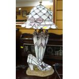 TIFFANY-STYLE TABLE LAMP in the form of a bonnet, umbrella and shoe