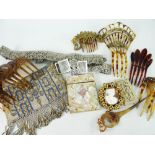 ASSORTED VINTAGE HAIR COMBS & OTHER COLLECTABLES including yellow metal framed classical cameo