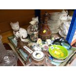 ASSORTED CERAMICS including two small Poole bowls, Staffordshire cats, two decorative wooden trays