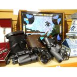 THREE CASED SETS OF BINOCULARS together with a decorative butterfly leaf twin-handled tray