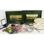 ASSORTED COSTUME JEWELLERY, fashion watches and two decorative celluloid paintings