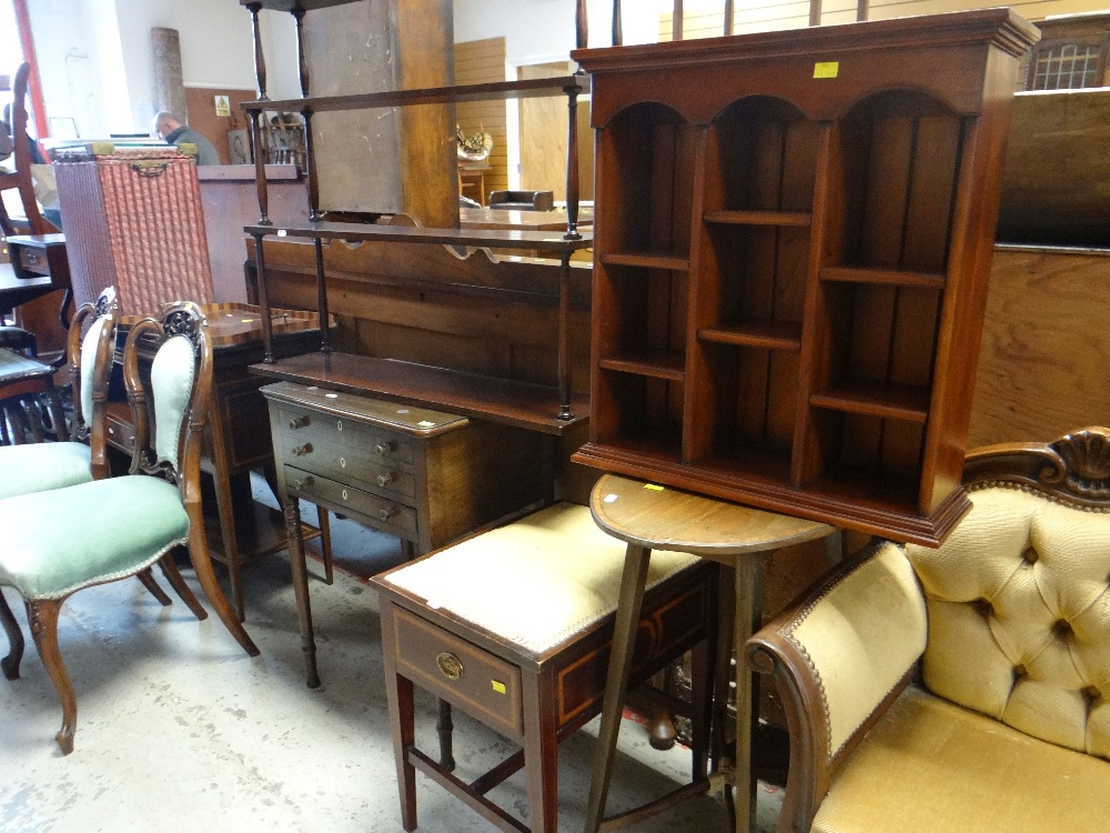 ASSORTED SMALL FURNITURE including hanging shelf, work table with single drawer and two dummy