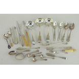 ASSORTED MISCELLANEOUS SPOONS, KNIVES ETC, including three sauce ladles, a pair of sugar nips, a