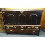 GOOD GEORGE III OAK MULE CHEST, panel top with moulded edge, triple pointed arched paneled front