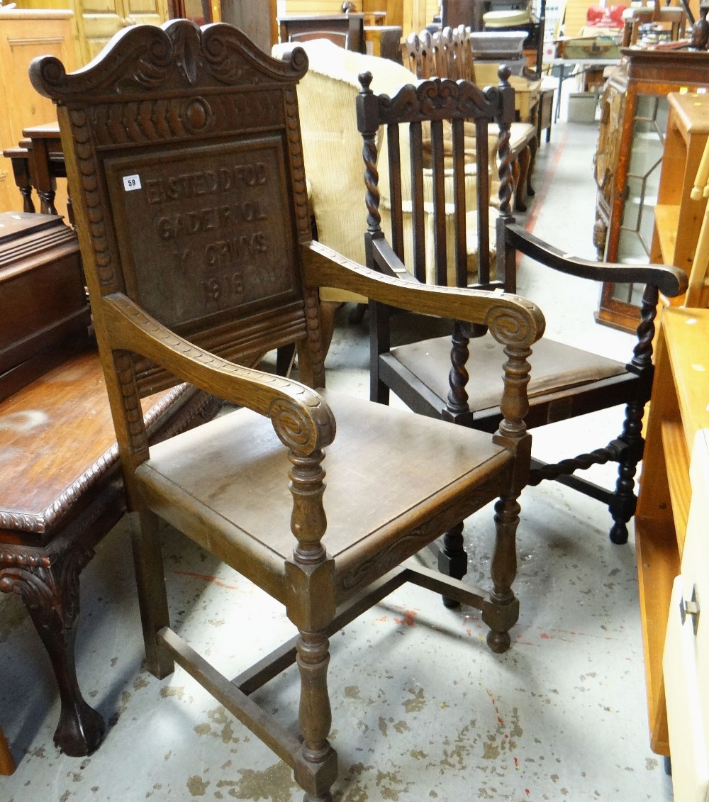 1916 CARVED EISTEDDFOD CHAIR inscribed to the back 'Eisteddfod Gadeiriol Y Crwys 1916', together