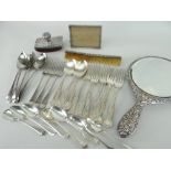 VICTORIAN SILVER EMBOSSED BACK HAND MIRROR together with silver mounted comb, blotter, and a