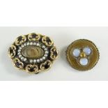 MID 19TH CENTURY YELLOW METAL AND PEARL MOURNING BROOCH engraved 'Margaret Jessie 25th Feb 1967'