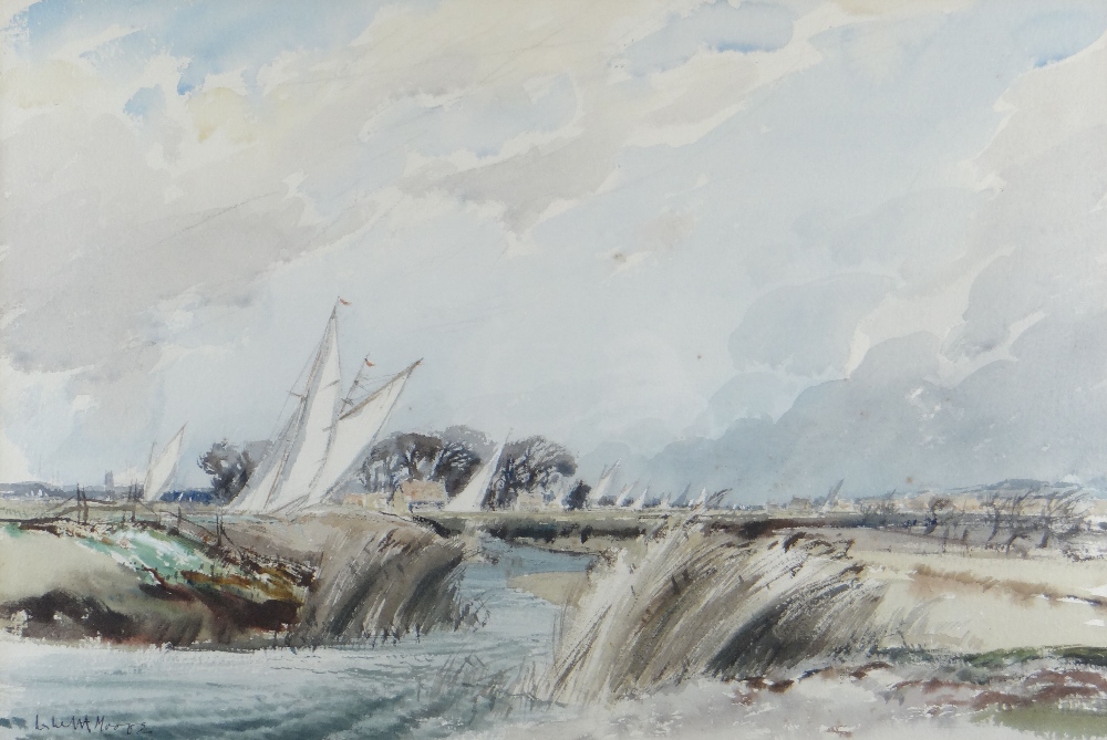 LESLIE MOORE watercolour - waterways scene with sailing boats, title faded verso on Royal