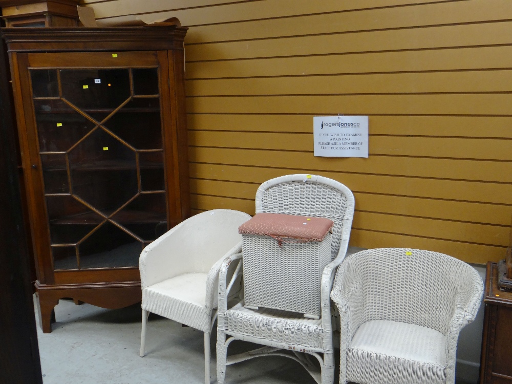 LARGE SINGLE GLAZED DOOR STANDING CORNER CABINET and group of loom furniture, sewing machine ETC