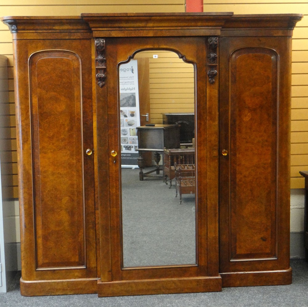 LATE VICTORIAN BURR WALNUT TRIPLE WARDROBE with centre mirrored door, 207 x 222 x 60cms