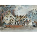 BRENDA BRUCE watercolour - farmyards with figures in the wind, signed, 28 x 37cms
