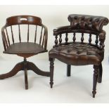 TWO OCCASIONAL CHAIRS comprising a button upholstered and turned-wood smoking chair, and an oak