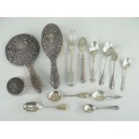 ASSORTED SILVER TO INCLUDE VANITY MIRROR AND BRUSH, silver topped cherub design glass dressing table