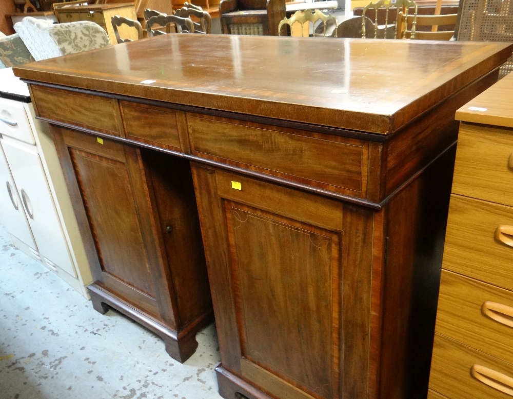 ANTIQUE INLAID MAHOGANY & CROSS-BANDED CLERKING DESK with flanking enclosed drawers and shelves,