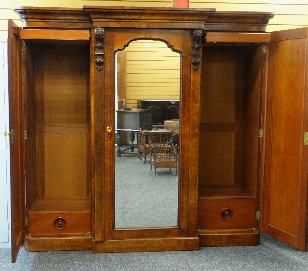 LATE VICTORIAN BURR WALNUT TRIPLE WARDROBE with centre mirrored door, 207 x 222 x 60cms - Image 2 of 3