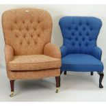 TWO BUTTON UPHOLSTERED OCCASIONAL CHAIRS including an armchair with turned legs and brass casters,