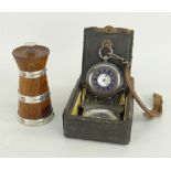 GEORGE V SILVER MOUNTED OAK PEPPER GRINDER, Birmingham 1926, 10cms high, together with a George V