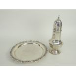 EDWARD VII SILVER PYRIFORM SUGAR CASTER, 16cms high, and a modern silver circular dish with sea