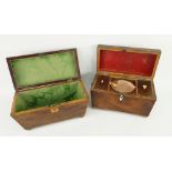 TWO REGENCY MAHOGANY & BOXWOOD STRONG TEA CADDIES OF SARCOPHAGUS FORM, both on gilt brass ball feet,