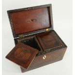 GEORGE III WALNUT PARQUETRY TEA CADDY OF RECTANGULAR FORM compartmentalised and the sides inlaid