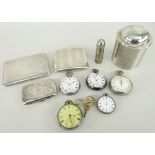 EDWARDIAN SILVER CIRCULAR CIGARETTE DISPENSER, three cigarette cases, four silver case pocket