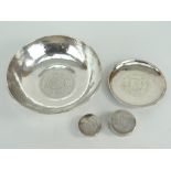 ASSORTED WHITE METAL BELIEVED EASTERN SILVER to include circular bowl, small shallow dish, and two