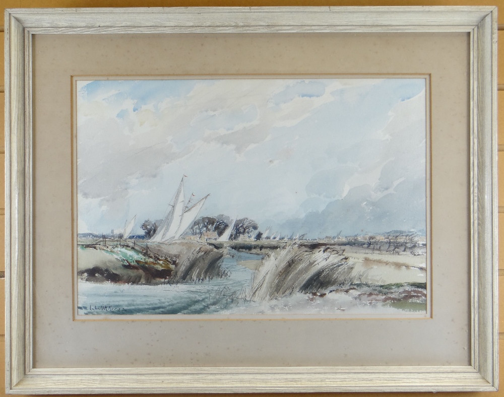 LESLIE MOORE watercolour - waterways scene with sailing boats, title faded verso on Royal - Image 2 of 2