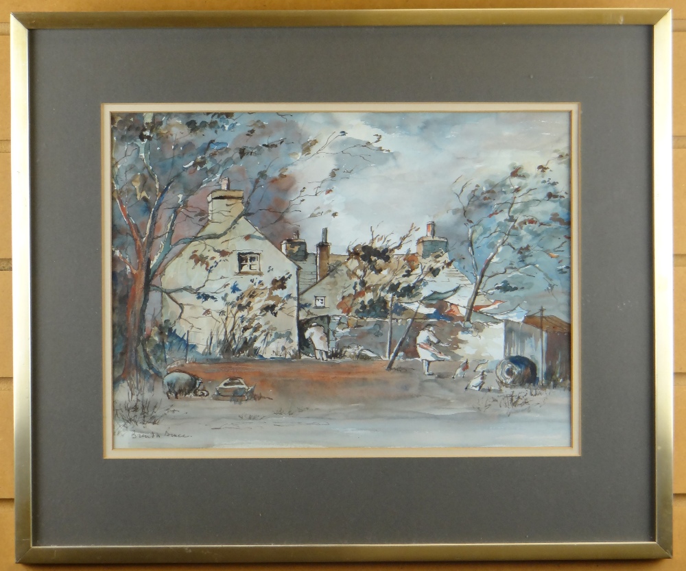 BRENDA BRUCE watercolour - farmyards with figures in the wind, signed, 28 x 37cms - Image 2 of 2